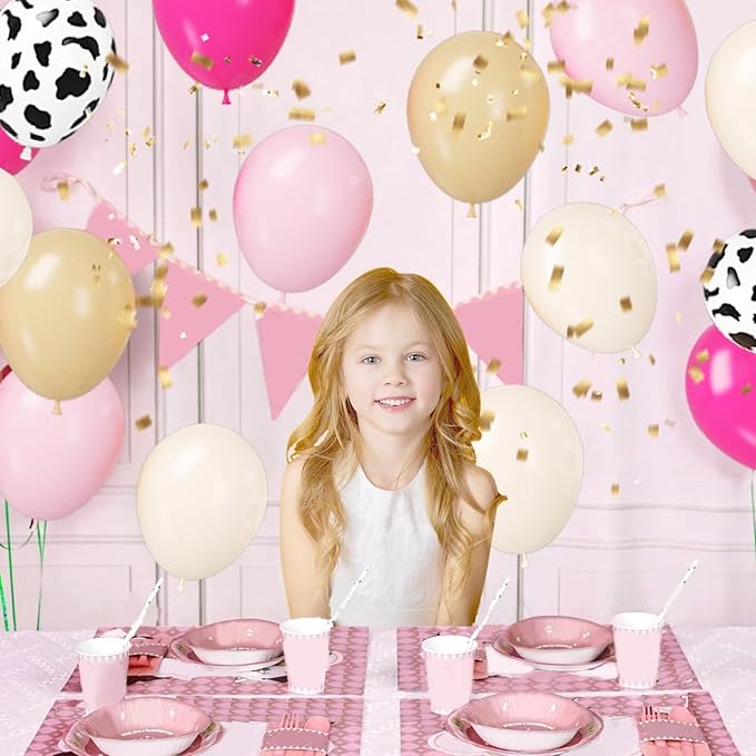 Paready Pink Cow Balloons Set - 50Pcs White Print, 12 Inch Hot Pastel Ivory Apricot for Farm Theme Birthday Cowgirl Baby Shower Supplies