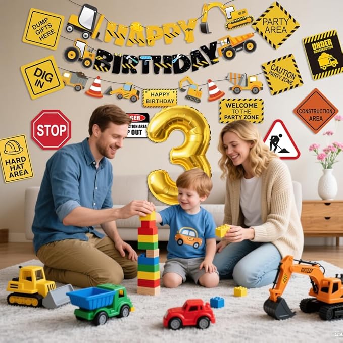Construction 3rd Birthday Party Supplies Dump Truck Third Party Decorations Kits Set for Kids Three Years Old Birthday with Different Kinds Banner and Signs