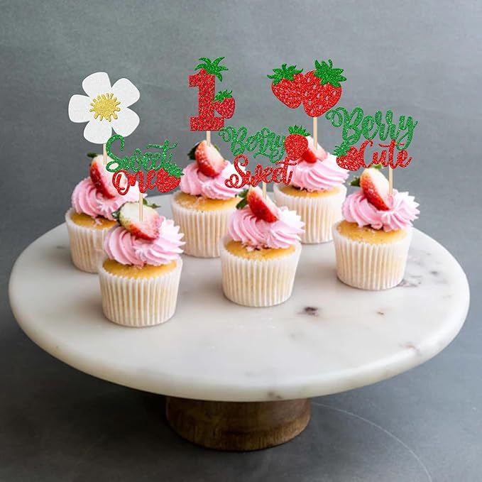 30 PCS Sweet One Strawberry Cupcake Toppers Glitter Sweet Berry 1st Birthday Cupcake Picks Strawberry Birthday Decorations for Baby Shower Kids First Birthday Party Cake Decorations Supplies Colorful