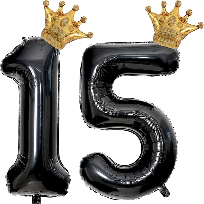 40 inch Large Black 15 Balloon Number with Gold Crown Balloons 15th Birthday Big Foil Mylar Helium Balloon for Boys Girls 15th Birthday Anniversary Decorations Supplies Favors(Number 15 Balloons）