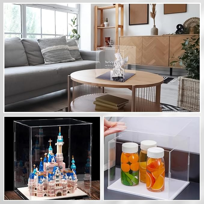 FINGERINSPIRE Clear Acrylic Display Case with Black Base & 4 Pcs Rubber Rings 10x10x10 Inch Cube Clear Self-Assembly Acrylic Box Dustproof Protection Showcase for Action Figures Collectibles Toys