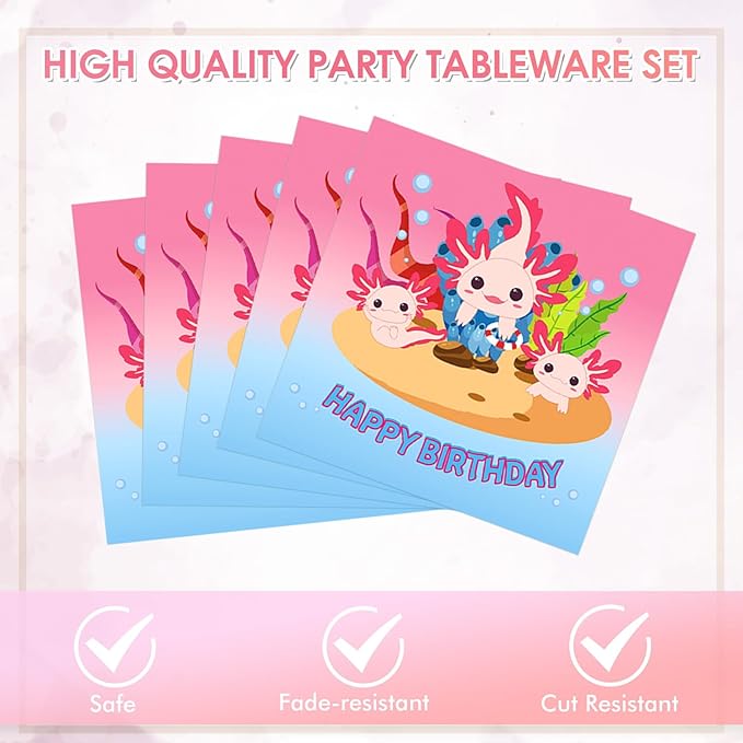 40 Pcs Axolotl Party Birthday Decoration Pink Cartoon Reptile Animals Tableware Set Include 7 Inch Dessert Plates and Paper Napkins for Axolotl Kids Girls Baby Shower Party Supplies