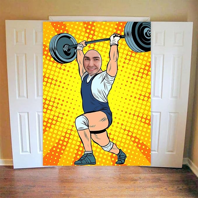Weight Lifting Banner Pretend Play Party Backdrop Large Weightlifter Face Sports Workout Gym Fitness Theme Decor Decorations for Boys Men Home Gym Party Cross Fit Party Birthday Party Supplies Gift
