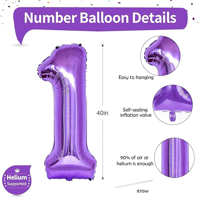 Purple 1 Balloon Number for Girls 1st Girls Birthday, 40 Inch Large Number Foil Balloons, Foil Helium for Women 31 Years Old Birthday Party Anniversary Graduation Party Decoration Kids Supplies