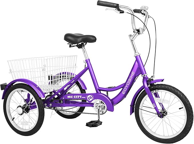 MOPHOTO 16 Inch Small Tricycle for Beginner Riders, Low Step-Through 3 Wheel Bike, Single Speed Trike with Hand Brakes, Adjustable Seat and Rear Basket, Fits Heights 3'9" to 4'9"