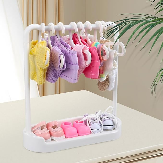 Foldable Doll Wardrobe Closet Storage Box Compatible with Labubu Clothes with 15 Hangers & Rod - Stackable Organizer Cabinet for 15/17cm Doll Clothes with Dust-Resistant Cover and Display Shelf