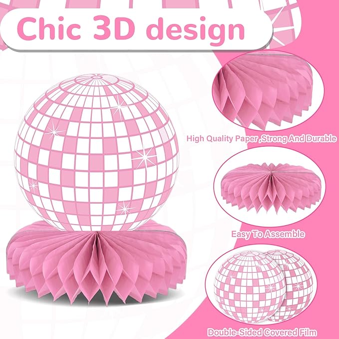 12PCS Disco Ball Party Decorations 70s Disco Table Honeycomb Centerpieces Western Cowgirl Party Table Toppers Hot Pink Disco Party Table Centerpieces for Girls Birthday Party Supplies