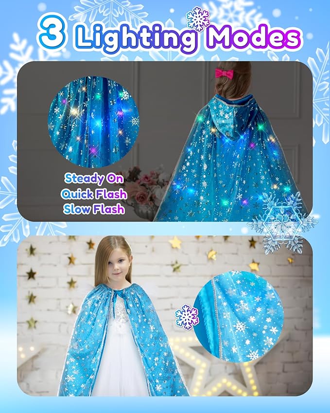 Frozen Toys for Girls-Princess Dress Up Set, 3 Lighting Mode Princess Cape, Music & Light Up Wand, Kids Makeup Kit, Wig, Mask, Gloves, Dress-up Accessories for Princess Cosplay Costume for Girl Age 3+