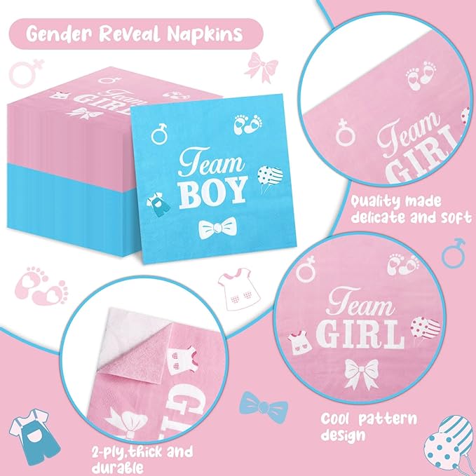 100Pcs Gender Reveal Napkins, 13 x 13 Inches Boy or Girl Baby Shower Napkin, Team Boy or Girl Napkins, Blue Pink Party Napkin for Baby Shower Gender Reveal Party Supplies