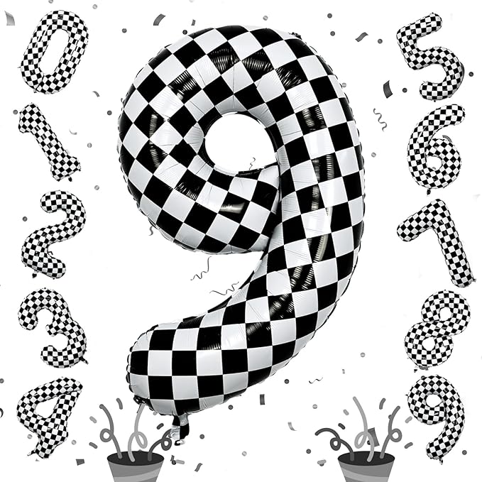 40 Inch Number 9 Balloons for Boys, Checkered Big 9th Birthday Balloons Decor, Helium Black and White Self Checkered Inflating Foil 9 Racing Balloons for Boys Race Car Flag Party Decoration Supplies