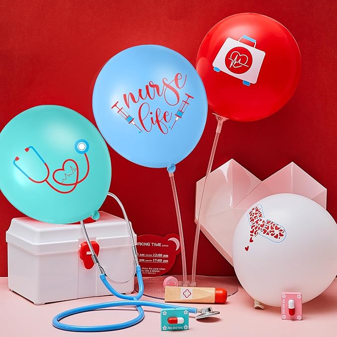 Skylety 48 Pieces Nurse Balloons 12 Inch Congrats Nursing Latex Balloons Bulk Party Decoration Supplies Nursing School Graduation Decoration for Happy Nurse Week Cna(Red, Blue and White)