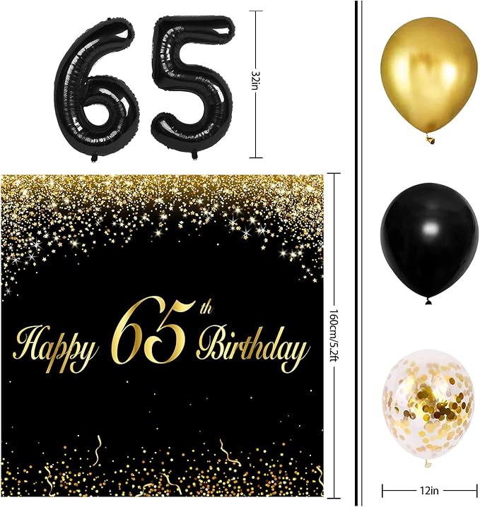 Happy 65th Birthday Balloons Black Set Decor - Cheers to 65 Years Old Party Theme Garland Banner Backdrop Decorations For Women and Men Supplies