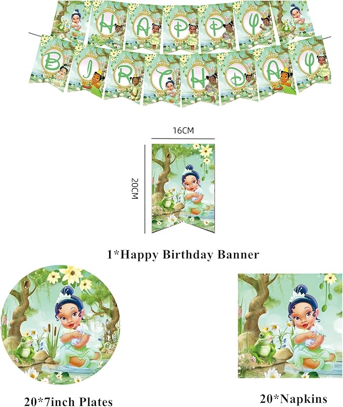 Princess Tiana Birthday Party Decorations, The Frog Tiana Party Tableware with Banner, Tablecloth, Disposable Paper Plates and Napkins for Little Princess Birthday Baby Shower Party Decorations