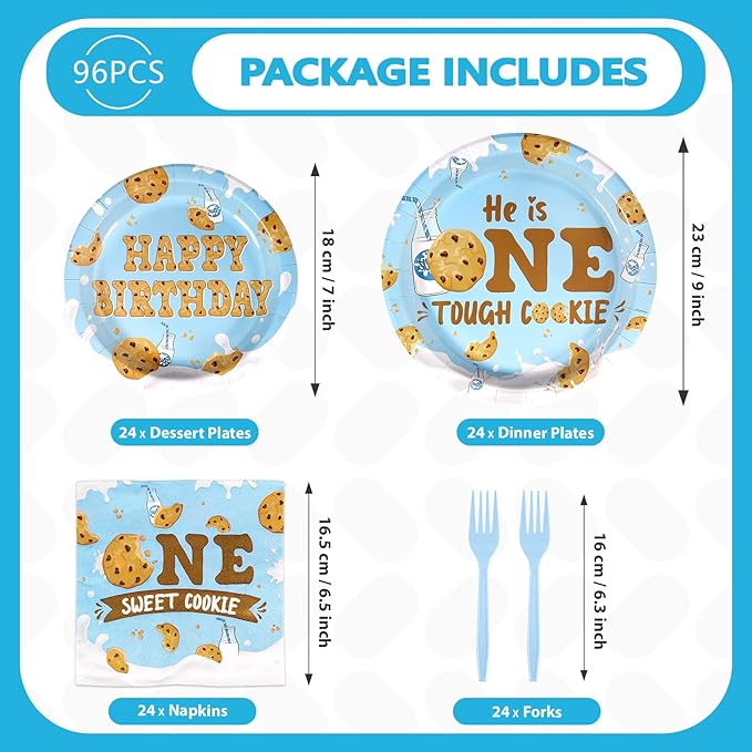96Pcs Milk and Cookies 1st Birthday Decorations One Sweet Cookie Birthday Plates and Napkins Chocolate Chip Cookies and Milk Drinks Tableware Set for Boy One Year Old birthday Party Supplies Serves 24