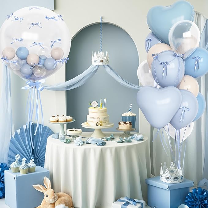 Baby Light Blue Cream Balloons Party Decorations, 20 Inch Bobo Pale Pastel Blue and White Sand Balloons Heart Mylar Shape Balloon, OH Baby Shower Foil Balloon as Boys Girls Birthday Decor