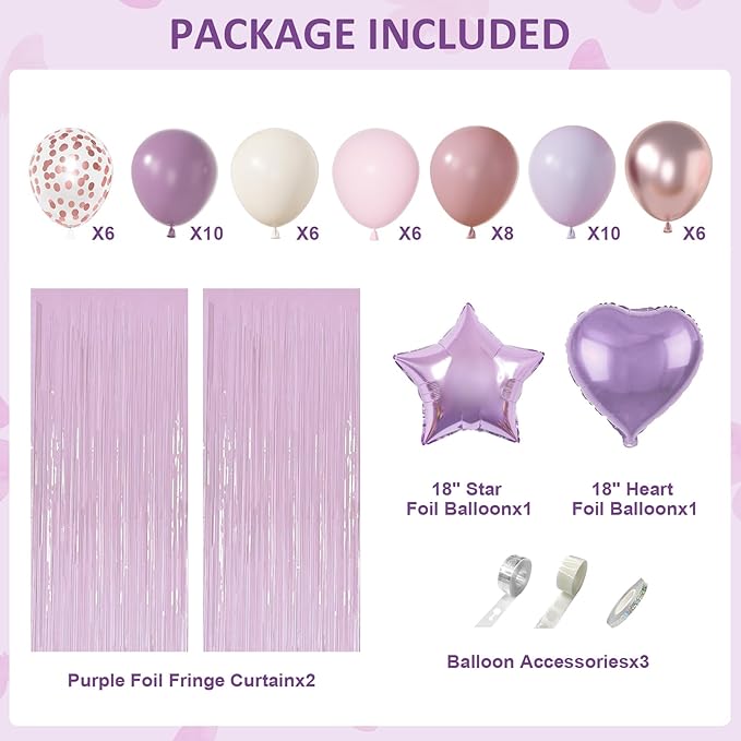 Dusty Purple Birthday Party Decorations, Lavender Pink Sand Confetti Rose Gold Balloons Happy Birthday Banner Fringe Curtains Butterfly Hanging Swirls Circle Dots Tassels Pompoms for Women Girls Party