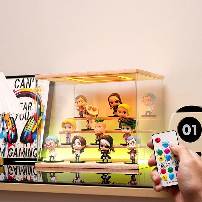 Clear Acrylic Display Case with Light , 6 Tier Multiple Color Lights Display Box Stand Assembly Dustproof Protection Showcase for Collectibles Action Figures (Wood 6 Tier L 19.7*12.6*16.5in)