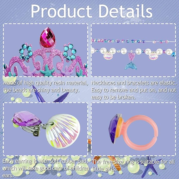 Keenjorika 6pcs Girls Princess Necklace Bracelets Ear Clips Set Mermaid Crown Pendant Colorful Plastic Princess Party Dress Up Pretend Play Christmas Gift