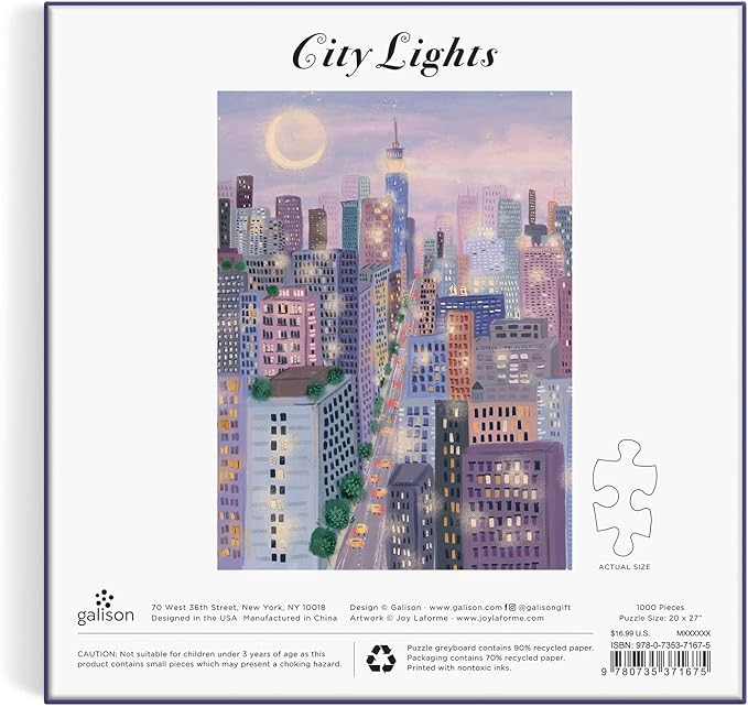 Galison City Lights 1000 Piece Puzzle in a Square Box from Galison - 1000 Piece Puzzle for Adults, Beautiful Illustrations from Joy Laforme, Thick and Sturdy Pieces, Idea