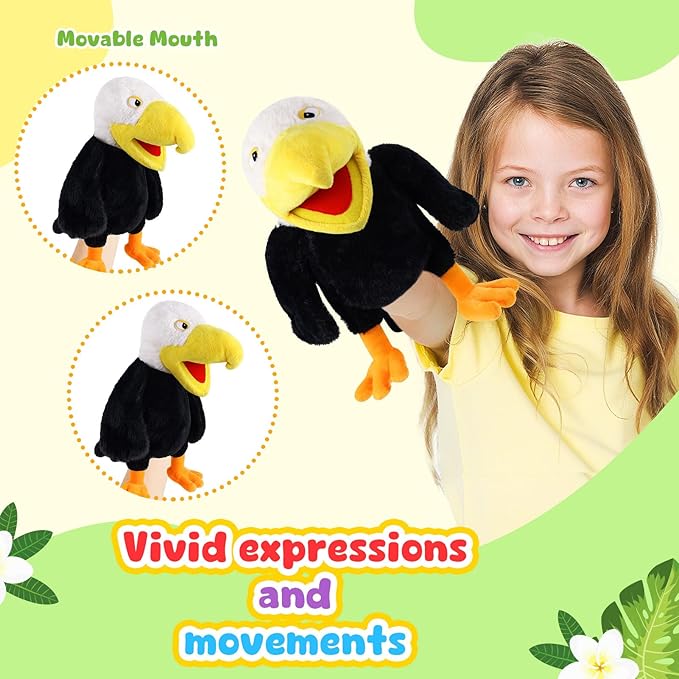 Animal Hand Puppets 11 Inch Bird Plush Toucan Owl Eagle Parrot Flamingo Peacock Puppet Toys Role-Play Puppets for Kids Storytelling Imaginative Pretend Play Teaching Preschool(Eagle)