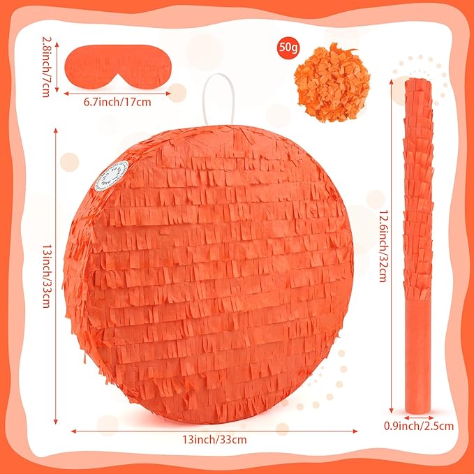 Orange Round Pinata with Stick Blindfold and Confetti DIY Blank Pinata for Adults Kids Birthday Party Supplies Carnivals Thanksgiving Decorations
