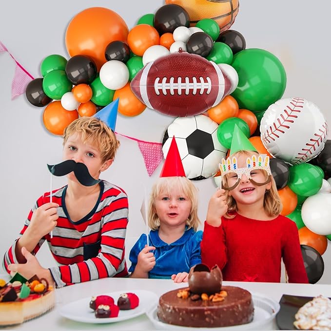 Sport Balloons Arch Garland,Ball Theme Balloon Garland Kit White Green Black Orange Balloons Ball Foil Balloons for Sports Theme Party Games Garden Theme Party Celebration Party