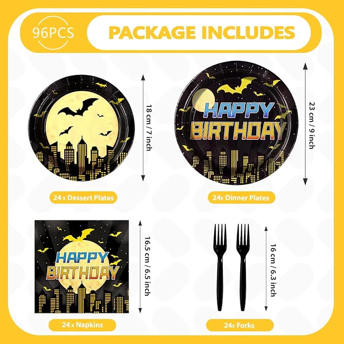 96Pcs Bat Theme Birthday Party Decorations Yellow Black Bat Birthday Dessert Plates and Napkins Set Cartoon Hero Decoration for Boys Baby Shower Super Theme Hero Bats Holiday Party Supplies Serves 24
