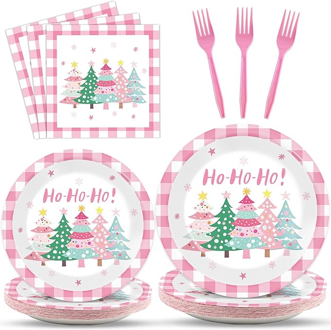 CHUNNIN 96Pcs Pink Christmas Trees Paper Plates and Napkins Xmas Watercolor Party Decorations Pink Xmas Trees Disposable Tableware Set for Kids Girls Winter Holiday Birthday Home Party Supplies