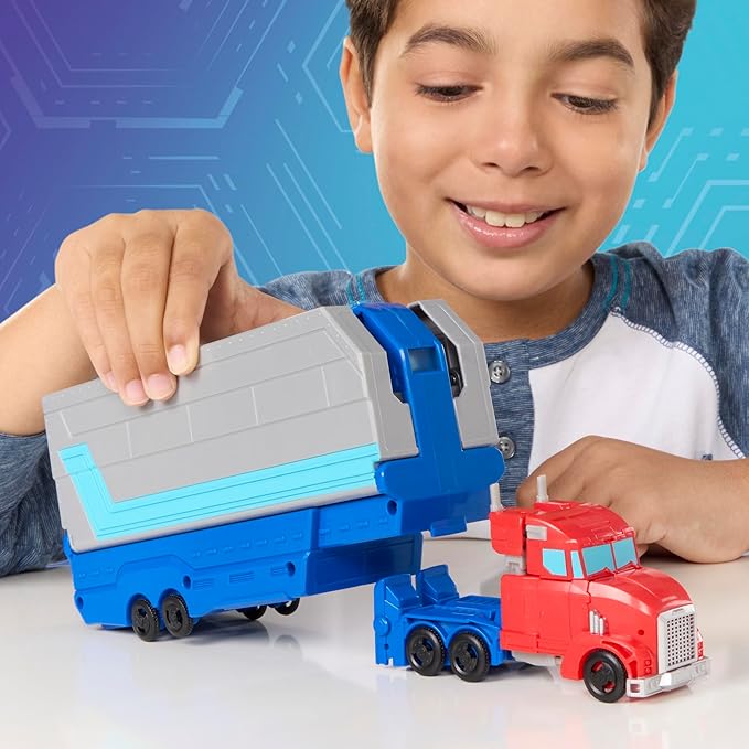 Transformers EarthSpark Optimus Prime Battle Trailer Playset with Action Figure, Lights and Sounds, Electronic Truck Toys for Kids 6 and Up