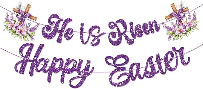 CC HOME Purple Glitter Happy Easter Cross Banner He is Risen Party Hanging Banner Easter Theme Birthday Bridal Wedding Baby Shower Boys Girls Kids Home Classroom Party Supplies Decoration
