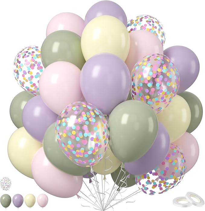 Pastel Balloons, 50Pcs 12 Inches Dusty Mist Green Macaron Purple Pink Yellow Balloon with Confetti Latex Balloons for Baby Shower Birthday Wedding Spring Flower Party Decoration