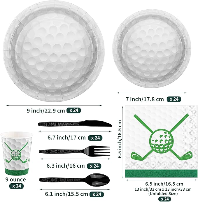 Durony 169-Piece Golf Party Supplies - Green Grass Field Tablecloth, 48 Dessert Plates, 24 Paper Cups, 24 Napkins, 24 Knives, Forks & Spoons - Disposable Golf Tableware Set