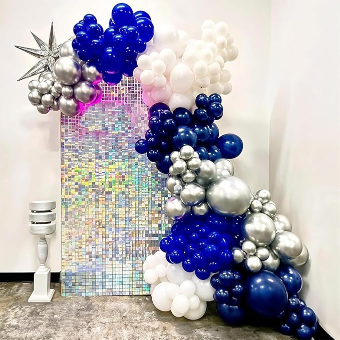 Blue White Silver Balloon Arch Kit with Explosion Star 4D Silver Foil Balloons Royal Blue Metallic Silver White Balloon Garland for Blue 2025 Graduation Decoration Birthday Baby Shower Party