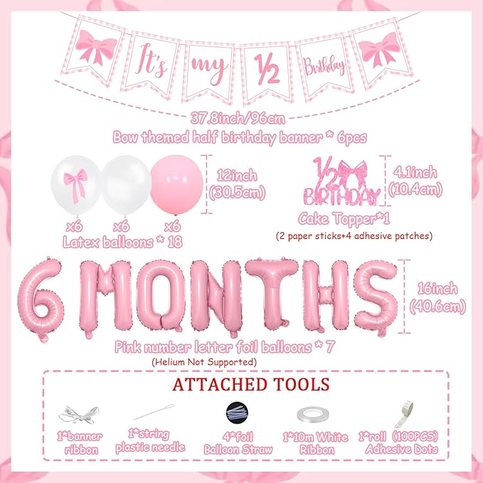 Half Birthday Decorations - Pink Gingham Banner Bow, Balloons, Cake Topper for Girls 6 Month Party Supplies