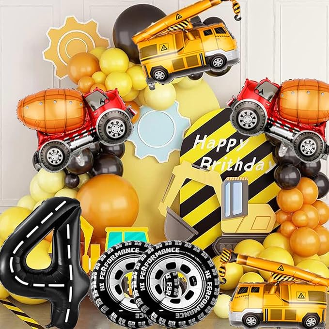 Construction Balloons 4rd Birthday Decorations for Boys 40inch Number 4 Balloons Truck Foil Balloon for Construction Birthday Party Decorations Supplies
