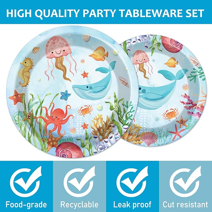 96 Pcs Under The Sea Plates and Napkins Party Supplies Ocean Birthday Party Tableware Set Ocean Animal Underwater Sea Life Party Decorations Favors for Birthday Shower for 24 Guests