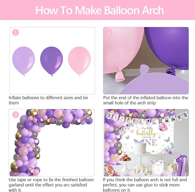 Xigejob Butterfly First Birthday Decorations Girl - Butterfly 1st Birthday Party Supplies, Include Balloon Arch, Backdrop, Balloon Box, Highchair Banner, Hat, Photo Banner