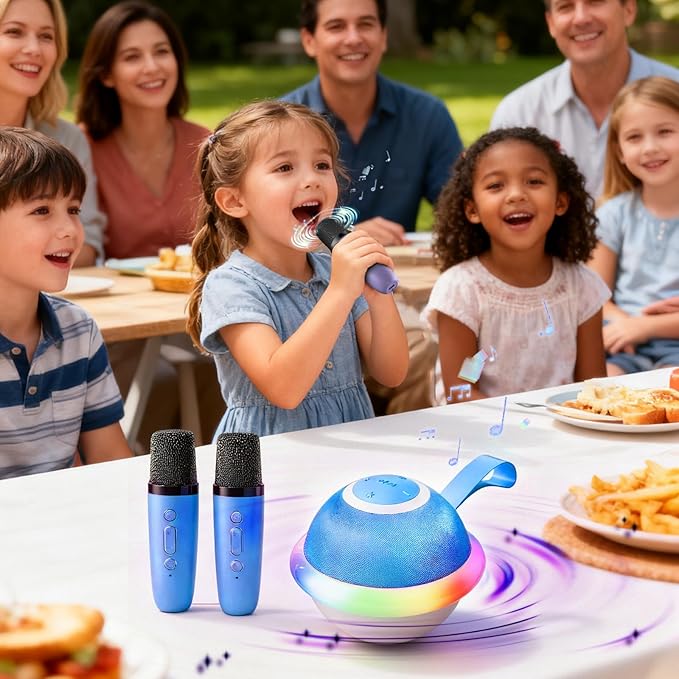 Kids Karaoke Machine for Boys Girls with Dual Microphones for Ages 3-12, Youth Karaoke Machine for Children, Bluetooth Speaker, Purple, Portable Design, 2 Wireless Mics-Blue