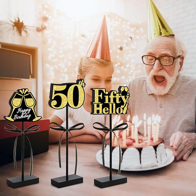 50th Black Gold Glitter Centerpieces for 50th Birthday Table Decorations,Wood Signs Happy Fifty Years Old B-Day Table Topper for Men and Women Birthday Party Supplies (3 Pcs)