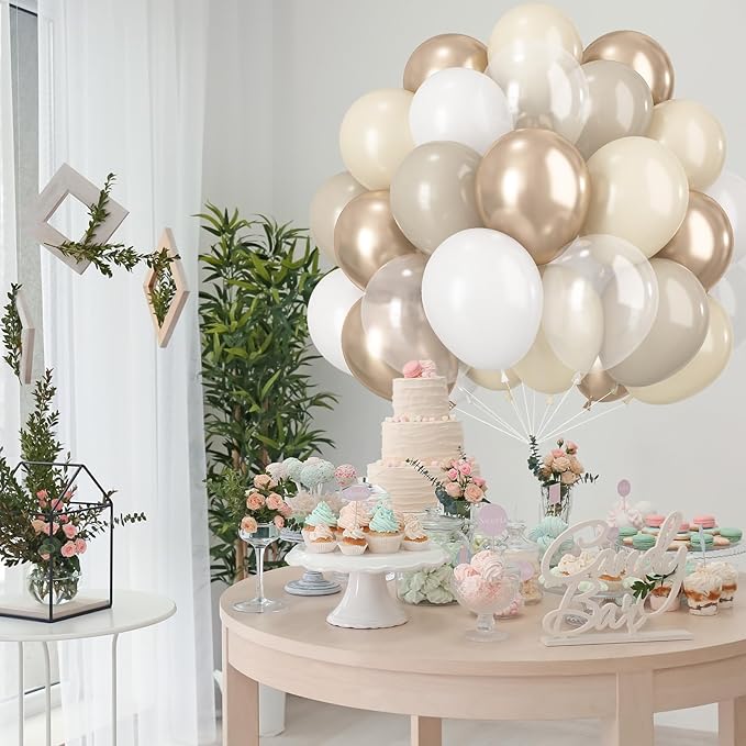 Beige White Gold Balloons, 60PCS Nude Metallic Champagne Gold Cream White Clear Balloon Ivory White Sand Transparent Neutral Balloons for Birthday Boho Wedding Anniversary Engagement Party Decoration