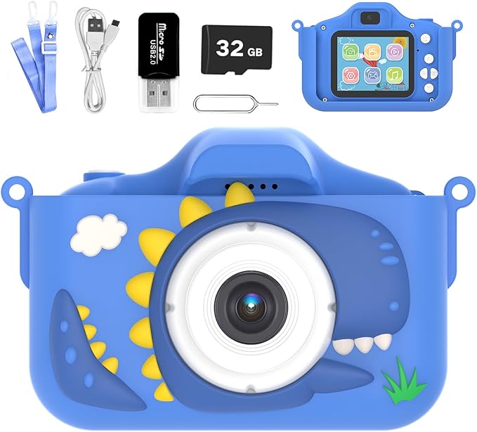 Kids Camera for 3-9 Year Old Boys Girls, Children Digital Camera with Cute Cartoon Soft Cover & 32GB SD Card, Best Christmas Birthday Gifts for Grandkids, Halloween Party Favors for Kids - Blue