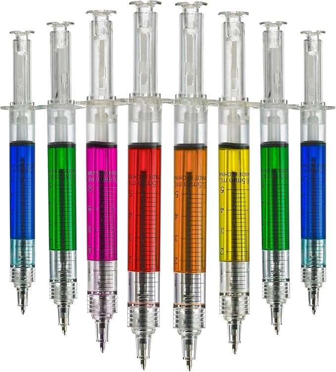 Bedwina Syringe Pens - (Bulk Pack of 12) Retractable Fun Multi Color Novelty Pen for Nurses, Nursing Student School Supplies, Birthdays, Stocking Stuffers and Toy Party Favor Gifts