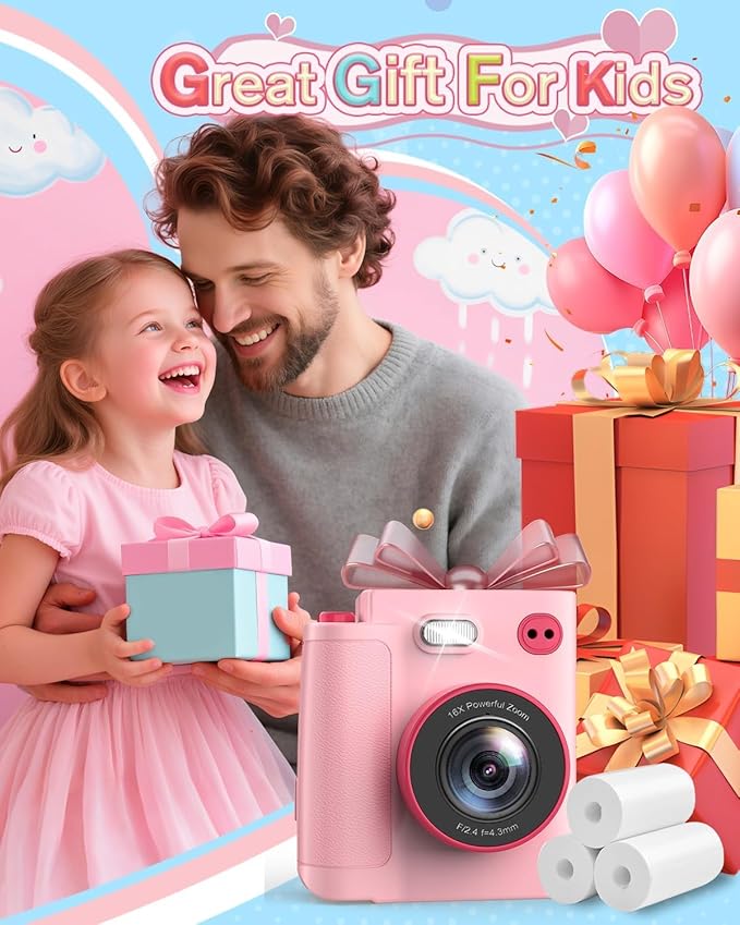 Mason & Friends Kids Instant Print Camera – 1080P HD Digital Camera for Boys & Girls Ages 3–10 | Photo, Video, Music & Games | Includes 32GB SD Card – Perfect Birthday (Pink)
