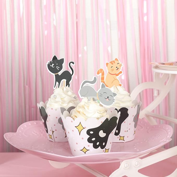146Pcs Serves 16 Cat Theme Birthday Party Decorations Set,Kitten Disposable tableware,9in/7in Plates,Napkins,Cups,Knives,Forks,Spoons,Cupcake Toppers＆Wrappers Table Cover and Banner Party Favor.