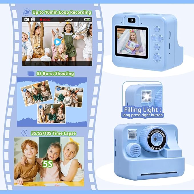 Kids Camera Instant Print, Christmas Birthday Gifts for Kids Age 3-12, Selfie Digital Camera with 1080P Videos,Toddler Portable Travel Camera Toy for 4 5 6 7 8 9 Year Old Boys (Blue)
