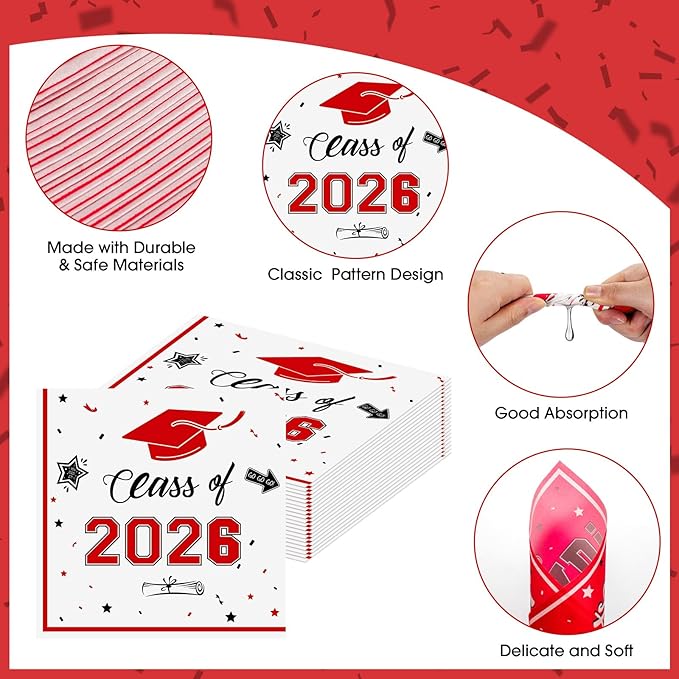 50 Pcs Graduation Napkins Decorations - Red Class of 2026 Congrats GRAD 3-Ply Paper Cocktail Dinner Napkins Set for 2026 Graduation Party Supplies Table Decor Favors, 6.5 x 6.5 Inch