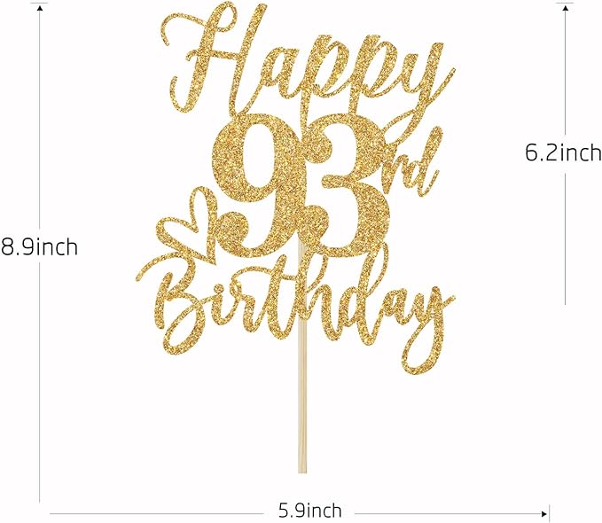 Happy 93rd Birthday Cake Topper, Cheers to 93 Years, Hello 93, Gold Glitter Party Supplies