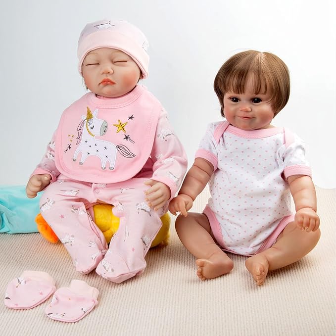 Reborn Baby Doll Clothes 18 Inch Girl 5Pcs Pink 17-22 Inch Baby Doll Clothes Bodysuits + Hat and Bib Reborn Doll Outfits Baby Dolls Accessories