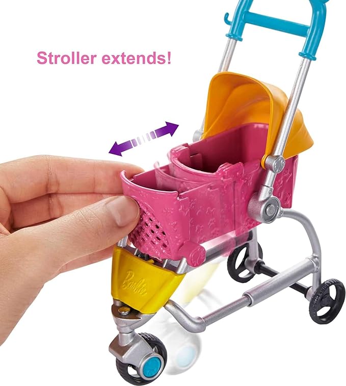 Barbie Dogwalking Doll & Accessories, Stroll & Play Pups Playset with Transforming Stroller, 2 Pets & Handbag, Blonde Doll