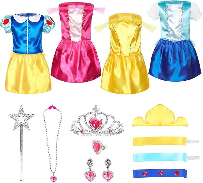 Girls Princess Dress Up Trunk, Pretend Play Costumes Princess Role Play Set 15pcs Girls Dress up Clothes for Toddler Age 3 4 5 6 Years with 4 Tops,4 Princess Dresses Crown Necklaces